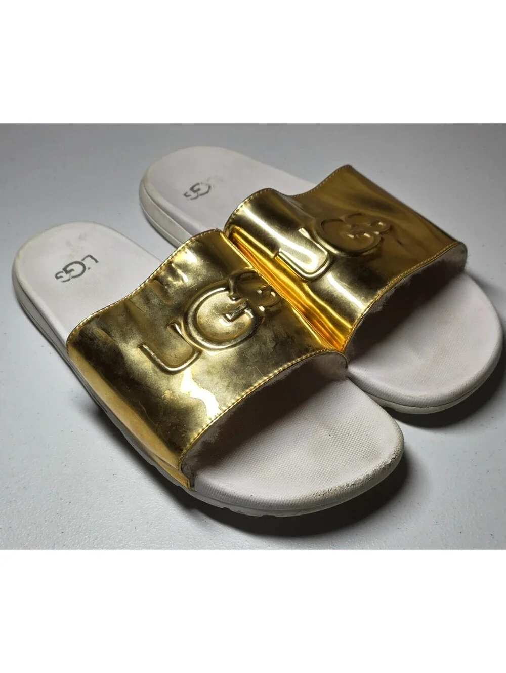 UGG Xavier Graphic Logo Slide Metallic Gold Wool Lined Mens US 14